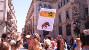 Manifestants contra els transgènics i el glisofat a la Plaça Sant Jaume (en el marc de la March Against Monsanto, 23/05/2015)