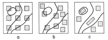 FIgura 4. (a,b,c).Representació de diferents tipus de stands (figures quadrangulars i rectangular (c)) i relevés (figures ovals, i polígons irregulars 